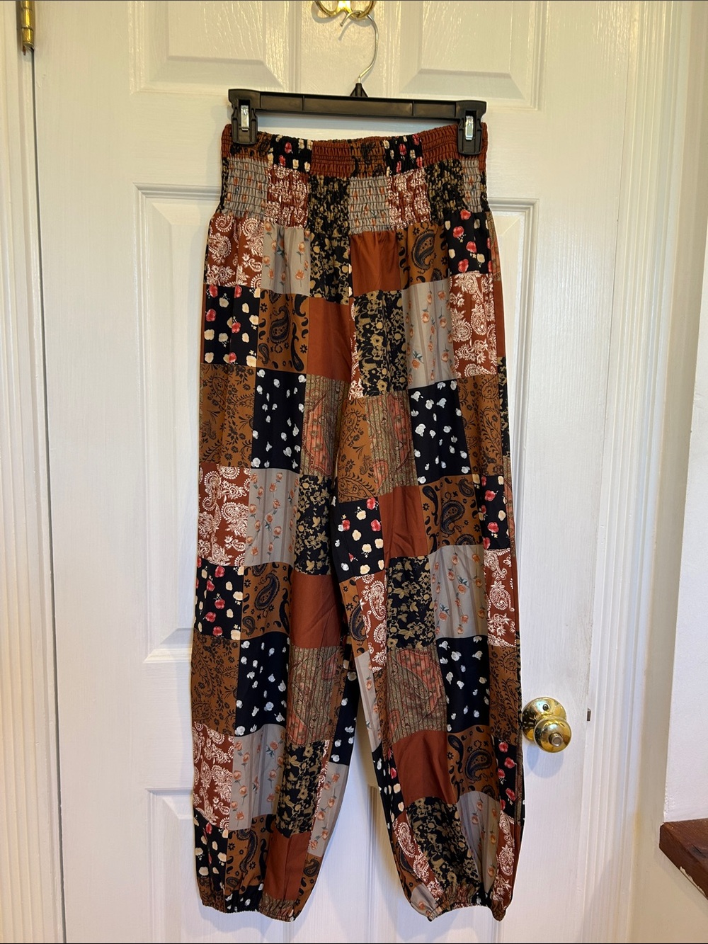 SHEIN Patchwork Boho Elastic Waist Pants in Rust, Black & Taupe, small, NWOT